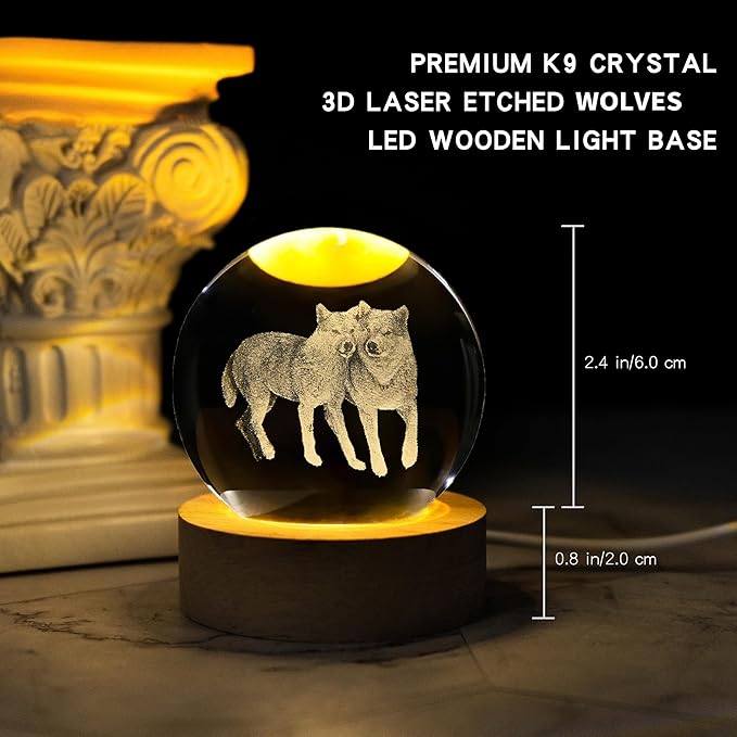 3D Wolf Crystal Ball with LED Light Base, 60mm Glass Sphere Decorative Balls, Wolf Figurine Lamp Gifts for Women Kids - Bloomnest