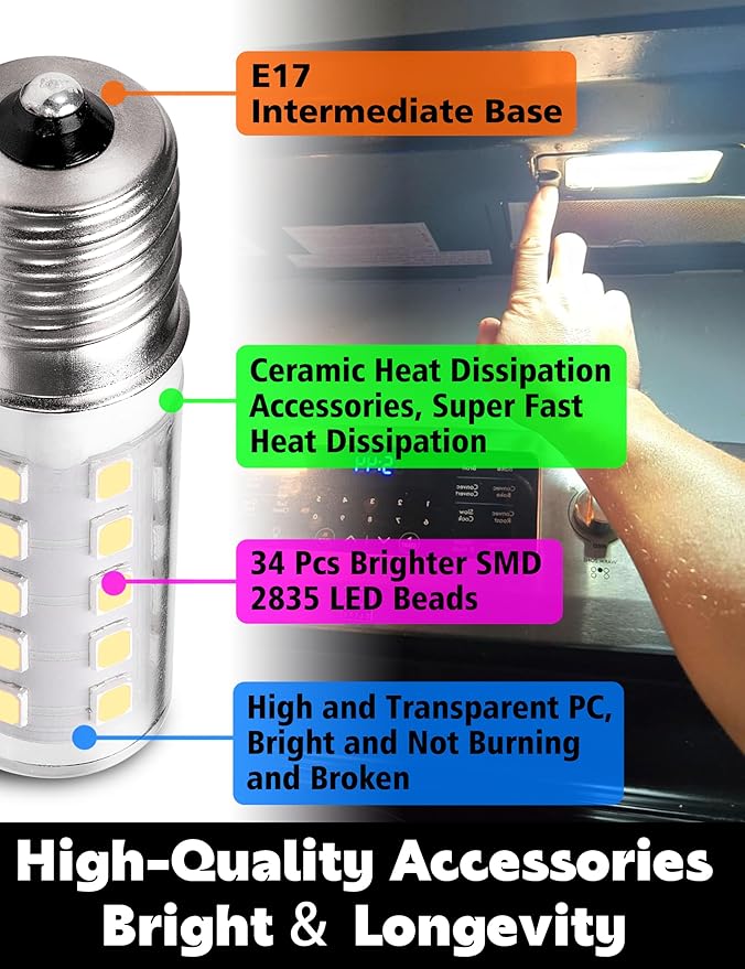 E17 LED Dimmable Under Hood Microwave Bulb 40W Equivalent, 125v 4W 450LM Microwave Oven Stove Bulb, 8206232A T7 E17 Intermediate Base 6000K for Appliance Range Hood Light 2Pack - Bloomnest