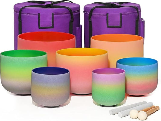 440HZ 6"-12" Set of 7 PCS Quartz Rainbow Crystal Singing Bowls Set Sound Healing with Carrying Case Mallet and Suede Striker - Bloomnest