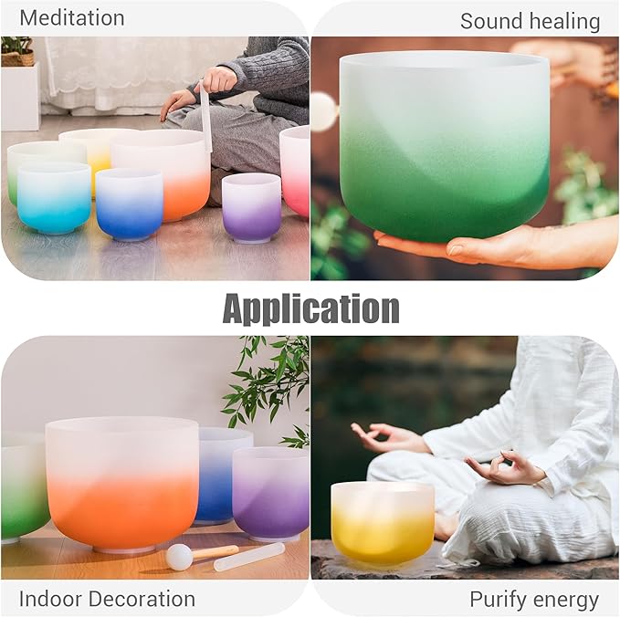 432HZ 7PCS Set Of 6-12 Inch Aria Gradient Design Frosted Quartz Crystal Singing Bowls With 2 PCS Travel Carry Case Bag