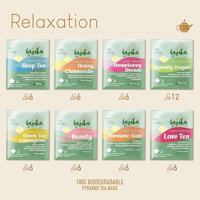 Lazika Herbal Tea Variety Pack with Lovely Presentation Box, 54 Counts, Relaxation Tea Assortment Gift Set, Premium Collection with Pyramid Infuser Bag, Handcrafted - Bloomnest