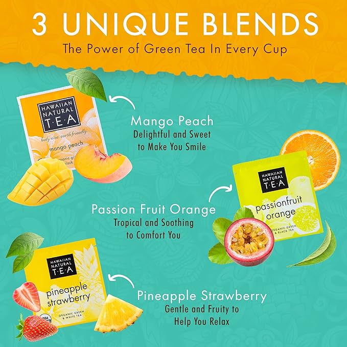 Hawaiian Natural Organic Tropical Fruit Tea Sampler - Green, Black, White Tropical Fruit Tea Blends, Gift Box Set For Special Occasions - 48 Bags - Bloomnest