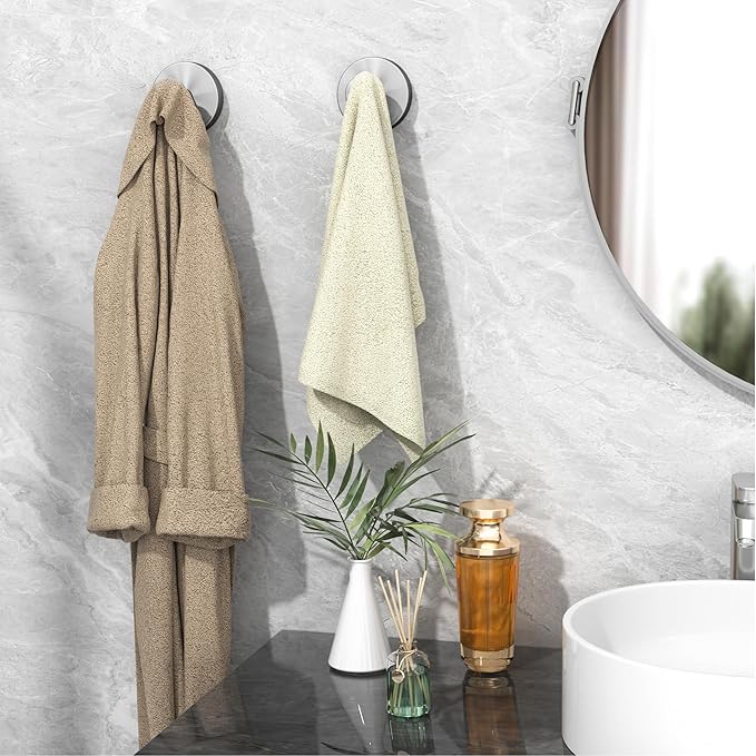 Shower Suction Cup Hooks, Heavy Duty Bathroom Wall Hooks for Towels, Robes, Loofahs, Removable Metal Hook for Tile Glass Mirror, No Drill(4 Pack, Silver) - Bloomnest