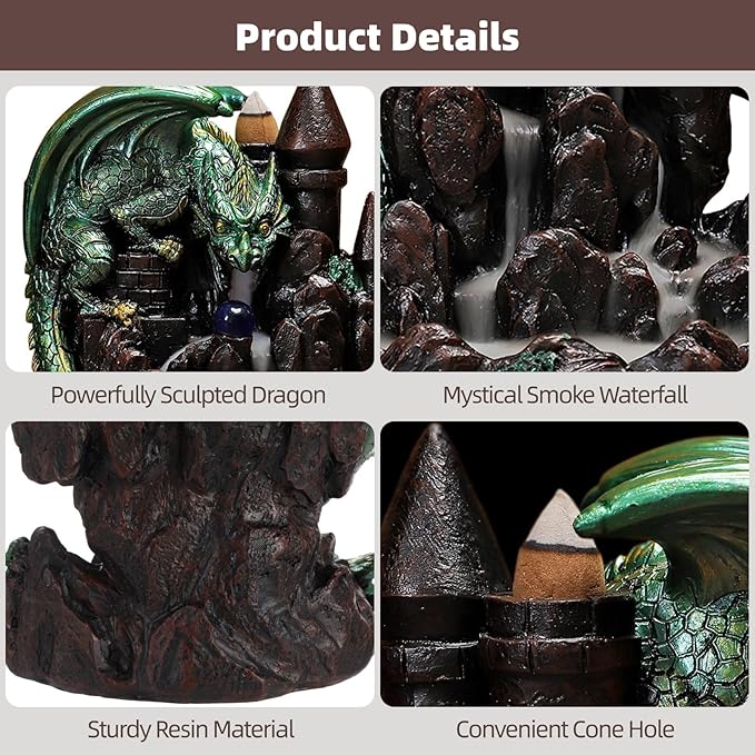 Dragon Backflow Incense Burner, Waterfall Incense Burner Mountain Backflow Incense Holder,Resin Castle and Dragon,Includes 60 Sandalwood Cones and Tweezers,for Home Decoration and Relaxation - Bloomnest