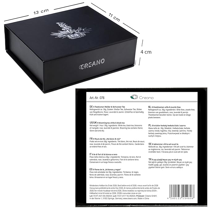 Creano Blooming Tea Mix 6pcs Set Flowering tea White Tea & Black Tea in Elegant Magnetic Box with Silver Embossing