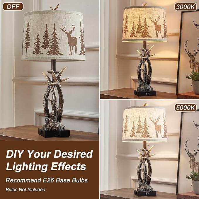 Farmhouse Deer Antler Table Lamps Set of 2 Rustic Western Bedside Lamp with USB A+C & Outlet for Log Cabin Bedroom Hunting Themed Livig Room End Table Cottage Home Decor,Deer Print Linen Fabric Shade - Bloomnest