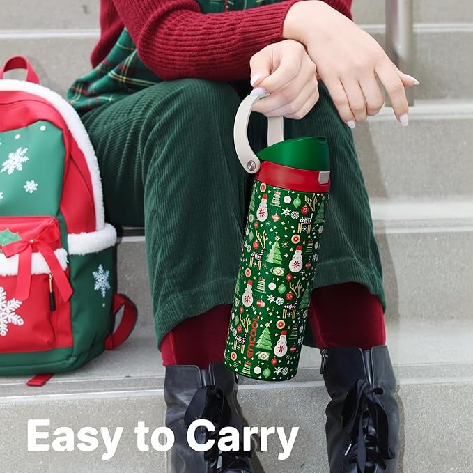 Christmas Insulated Water Bottle with Straw - Leak Proof Stainless Steel Water Bottle for School, Travel, Keeps Cold All Day, One-Touch Flip Lid, Holiday Gifts For Women Men, 24 oz, Frosty Forest ENCOOL