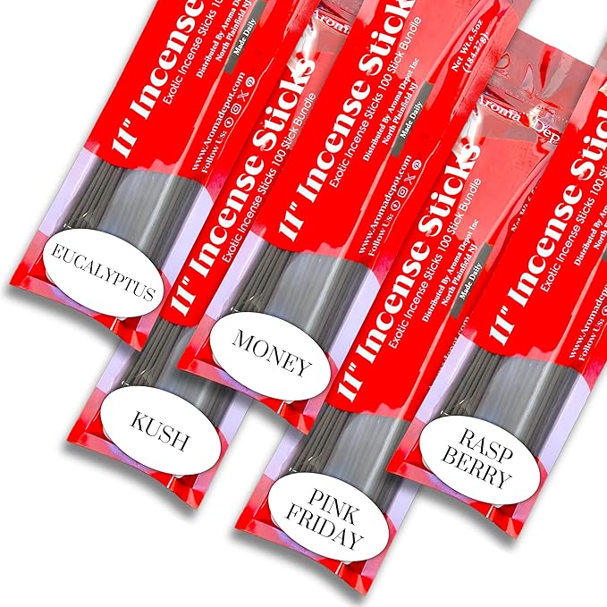 Mixed Scents Pack 11'' Incense Sticks - Variety Set 500 Pack - 11 inch - 5 Bundles 100 Sticks Per Fragrance Scent. Set Features Eucalyptus, Kusk, Moeny, Pink Friday Type, Raspberry Fantasy AromaDepotInc