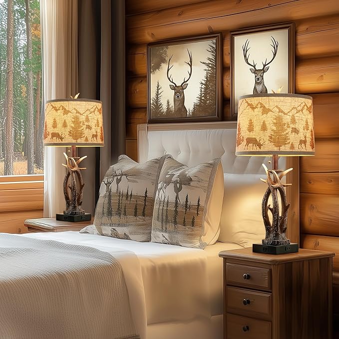 Farmhouse Deer Antler Table Lamps Set of 2 Rustic Western Bedside Lamp with USB A+C & Outlet for Log Cabin Bedroom Hunting Themed Living Room End Table Country Home decor,Deer Print Linen Fabric Shade - Bloomnest