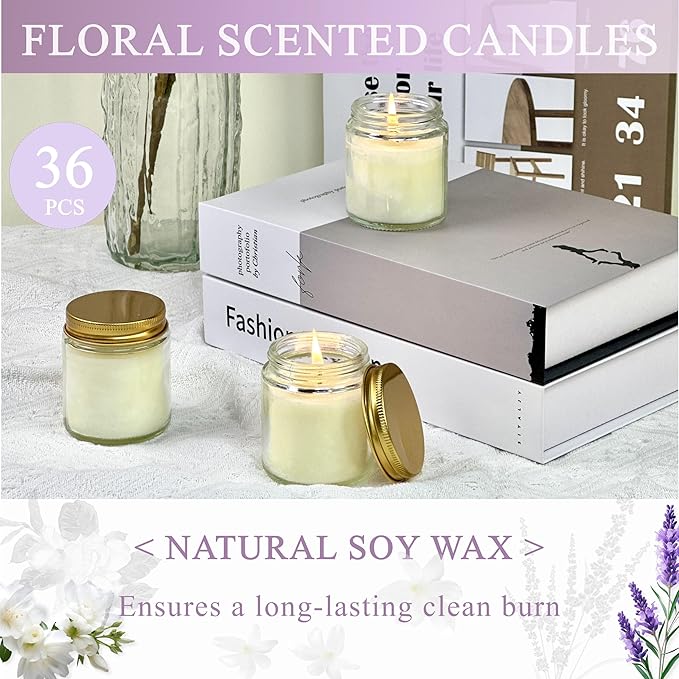 ACITHGL 36 Pcs 4oz Mini Mason Jar Candles Small Scented Candles Bulk Aromatherapy Ideal Souvenir Favors for Wedding Birthday Party (Freesia, Lavender, Jasmine, Gold) - Bloomnest