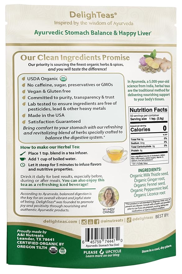 DelighTeas Stomach & Liver Tea | Ayurvedic Herbal Blend for Digestion | Organic Milk Thistle, Fennel, Ginger, Peppermint & Licorice | Vegan, Caffeine-Free, Sugar-Free | Loose Leaf, 50 Servings, 5oz - Bloomnest