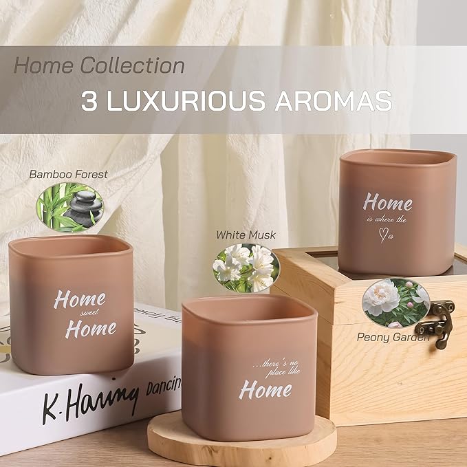 Set of 3 Premium Scented Soy Candles Gift Set | Home Collection – White Musk, Bamboo Forest & Peony Garden | Crackling Wood Wick | Luxurious Candle Set for Relaxation, Home Décor & Gifts | 9.8oz Each - Bloomnest