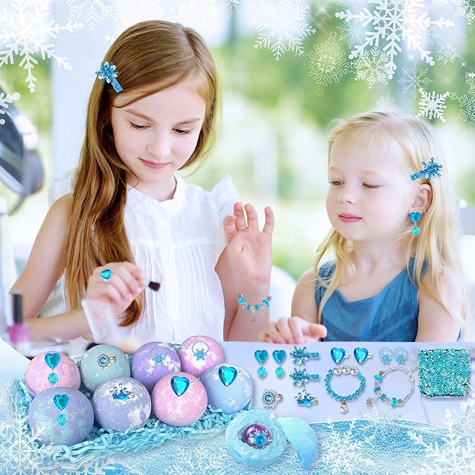 Bath Bombs for Kids with Surprise Inside, 8 Pack Bath Bombs with Frozen Toys, Princess Jewelry & Cross-Body Bag, Natural Fizzy Bubble Bath Balls with Jewelry Set, Christmas Birthday Gift for Girls - Bloomnest