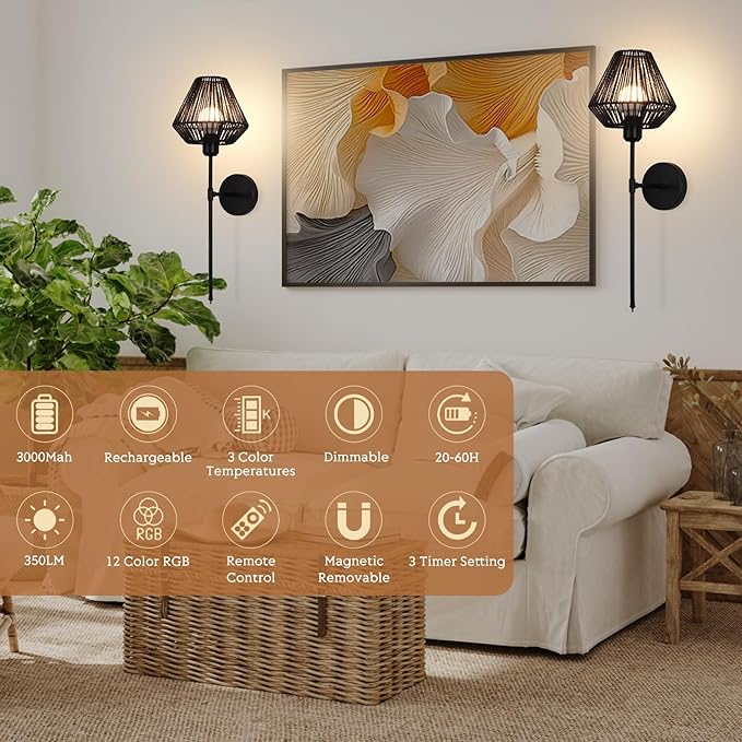 Battery Operated Wall Sconces Set of 2,Rattan Rechargeable Wall Light Dimmable with Remote Control,15 Color Changing and Timer,Boho Wireless Black Wall Lamps for Bedroom,Living Room - Bloomnest