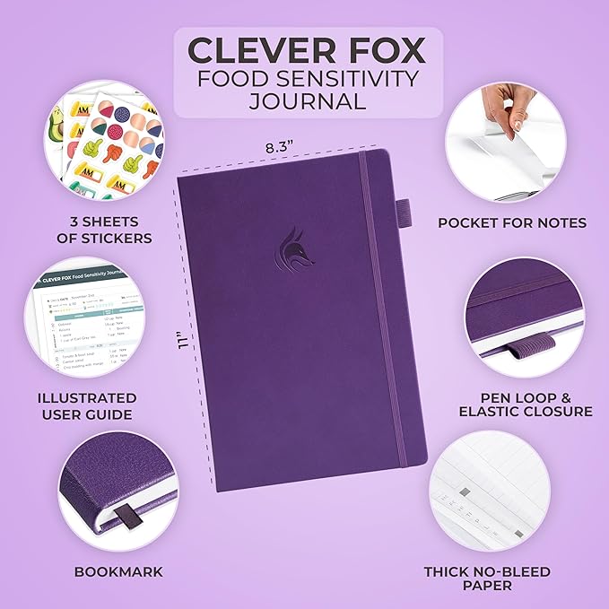 Clever Fox Food Sensitivity Journal Large – Daily Intolerance & Symptom Log for IBS, Diabetic, Low Fodmap, Elimination Diet – Health Tracker, 8.3x11” (Purple) - Bloomnest