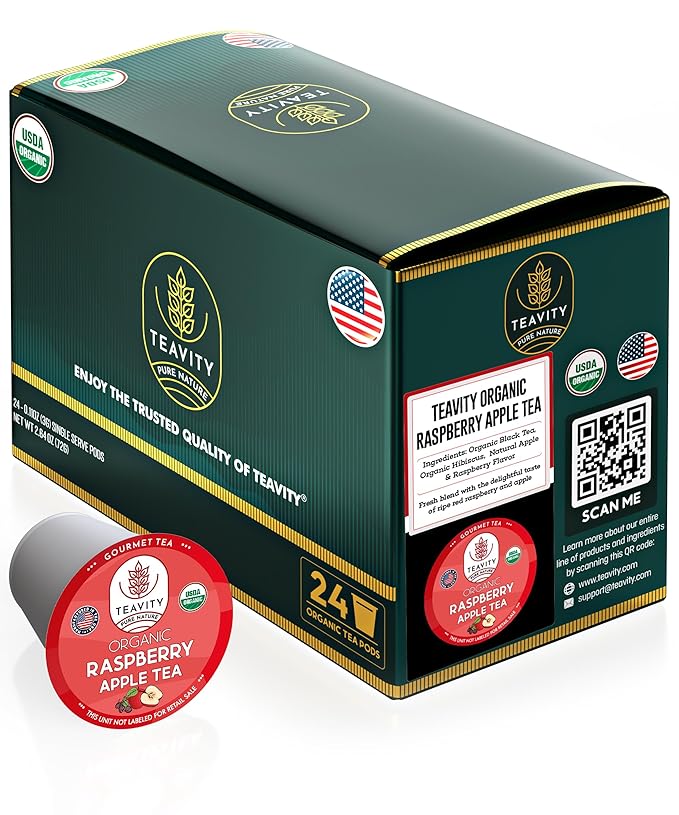 Organic Raspberry Apple Black Tea Pods for Keurig - Naturally Caffeinated Fruit Tea by Teavity (24 Tea Pods) - Bloomnest