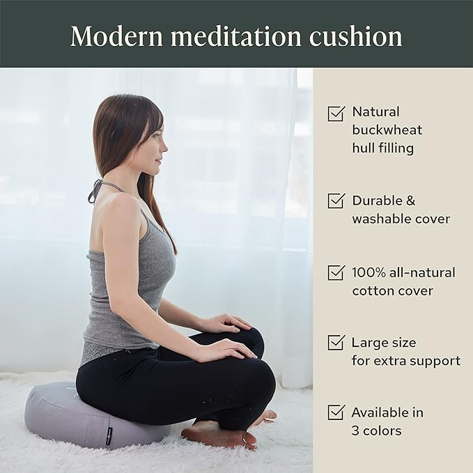 Mindful & Modern Large Meditation Cushion | Zafu Yoga Bolster Meditation Floor Pillow Seat | Buckwheat Hull Filled Crescent Shaped Cushion with Removable Washable Cover + Carry Handle - Bloomnest