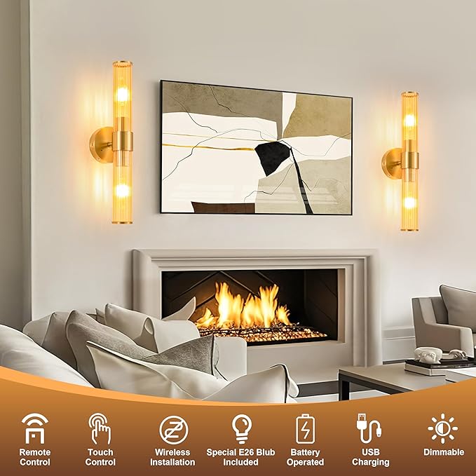 Gold Battery Operated Wall Sconces Set of 2, Rechargeable Wall Lights with Remote Control, 20 Inch Modern Wireless Wall Lamp for Bedroom, Living Room with Amber Shade (Bulbs Included) - Bloomnest