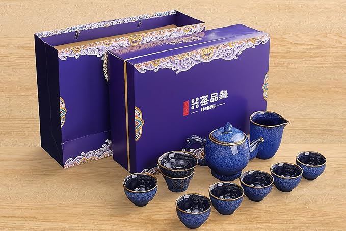 Chinese gongfu tea set porcelain,9-Piece Adult Tea Set,Afternoon Tea Pot Set, Blue Ceramic,Gift Boxed Set Perfect for Tea Lovers - Bloomnest