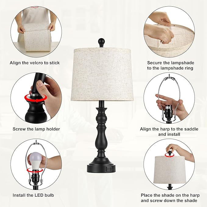 23'' Farmhouse Table Lamps for Living Room Set of 2 with USB C+A Ports, Retro Bedside Lamp for Bedroom, Office, Dining Room, Knob Switch, 3 Color Temperatures, Bulb Included, Black - Bloomnest