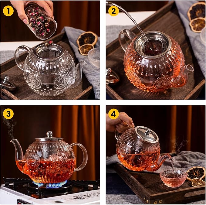 Amzcku 50OZ/1500ml Vintage Glass Teapot with Removable Infuser – Stovetop Safe, Borosilicate Glass Tea Kettle for Blooming & Loose Leaf Tea