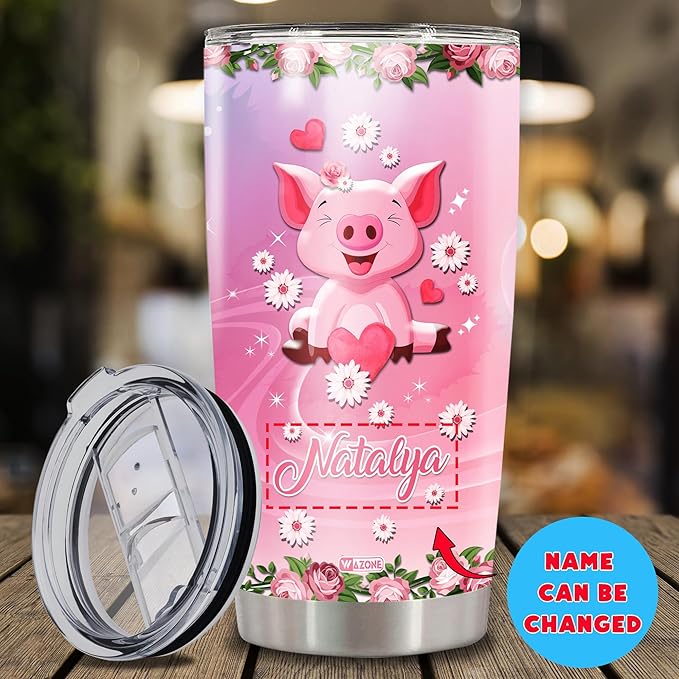WAZONE Personalized Pig Tumbler Stainless Steel 20oz 30oz Custom Name Double Wall Vacuum Novelty Cup Pink Floral Coffee Travel Mug Birthday Christmas Gift For Women Girls Kids Animal Lovers - Bloomnest