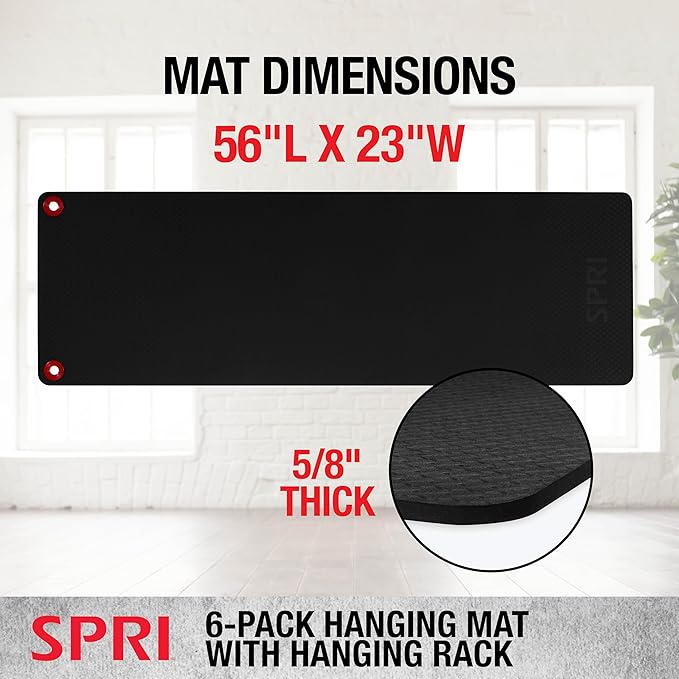 SPRI Hanging Bulk Fitness Mats + Rack, 15mm, 56” x 23" Black, 6 Pack, Closed-Cell Foam Bulk Yoga Mats for Gyms, Dance Studios, Ballet, Low-Impact Training & Commercial Spaces, Reinforced Grommets - Bloomnest