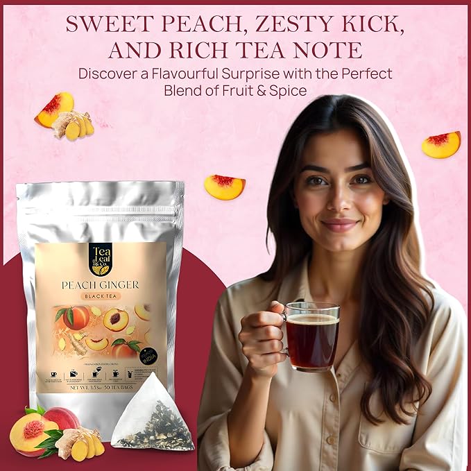 Tealeaf & Co. Peach Ginger Tea Blended with Organic Spices - Organic Black Tea Bags with Ginger & Peach Flavor - Flavored Blend with Low Caffeine - Gluten Free - 50 Teabags - Bloomnest