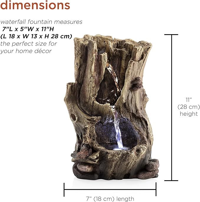 Alpine Corporation WIN326 Indoor Tabletop Light-Up Tiered Rainforest Tree Trunk Water Fountain with LED Lights, 11", Brown - Bloomnest