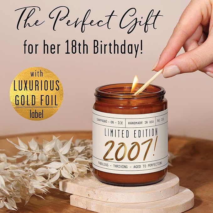 18th Birthday Gifts for Girls - 'Limited Edition 2007' Soy Candle, w/Champagne on Ice I 18 Birthday Gifts for Women I 18th Gift for Her Ideas I 9oz Reusable Jar, 50Hr Burn, Made in USA - Bloomnest
