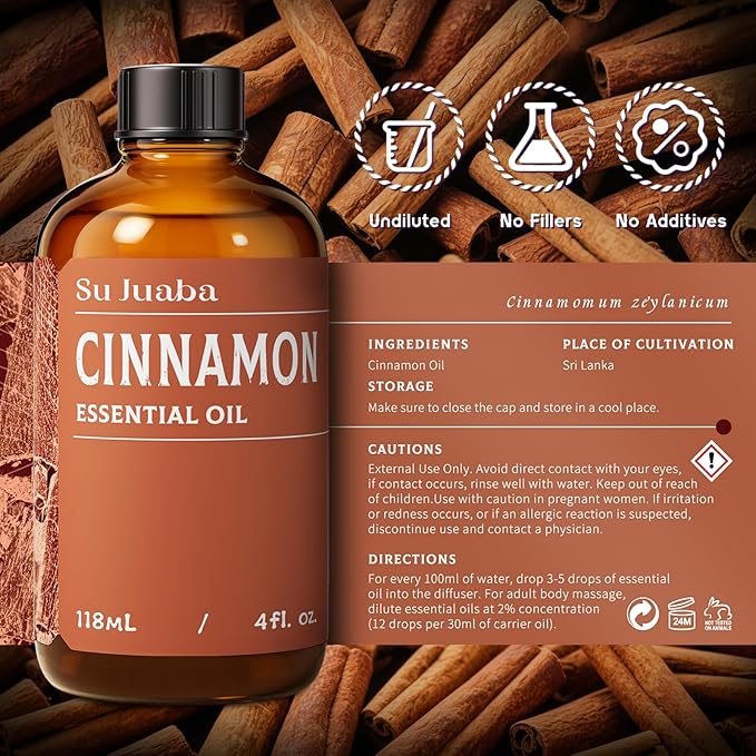 SU JUABA Cinnamon Essential Oil 4 Oz, 100% Pure Natural for Diffuser, Massage, Skin Care, Aromatherapy, DIY Candles, Soaps & Home Cleaning - 118ML Bloomnest