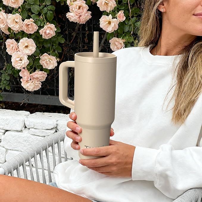 TILUCK 40 oz Tumbler with Handle, Vacuum Insulated Stainless Steel Travel Mug with 100% Leak-Proof Silicone Straw Lid, Cupholder Friendly Water Bottle(MistyGray, 40oz) - Bloomnest