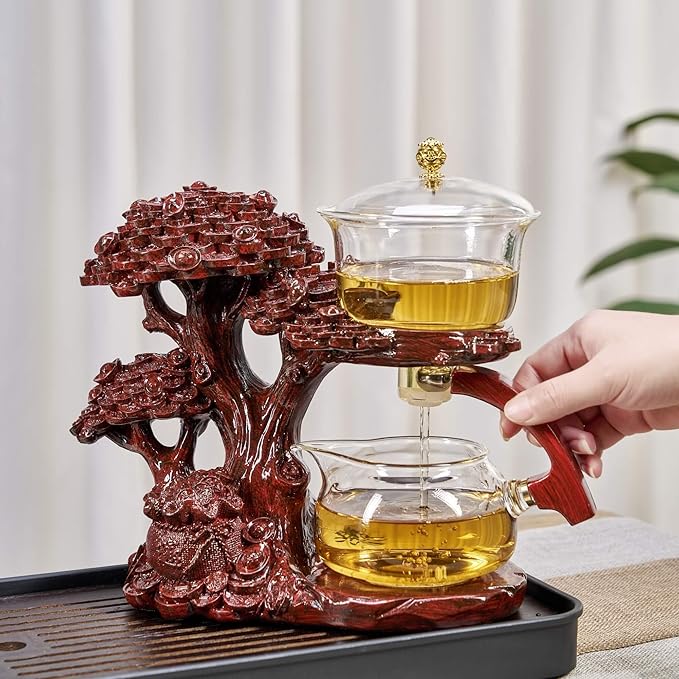 Glass Teapot Set with Infuser Semi Automatic Tea Set Magic Teapot (Tree - red) - Bloomnest