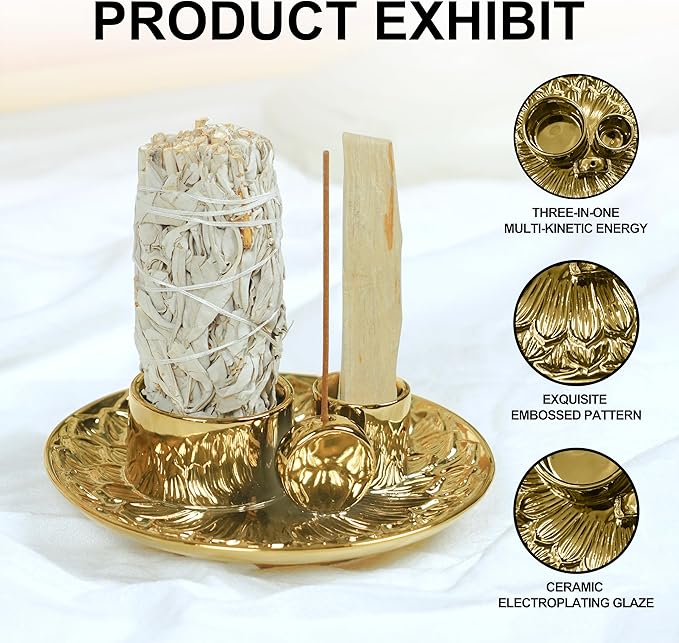 4 in 1 Incense Holder, Ceramic Incense Stick and Palo Santo Holder,Sage Holder for Burning- 5.5" Ceramic Ash Catcher Tray for Meditation and Yoga Room (Golden) - Bloomnest