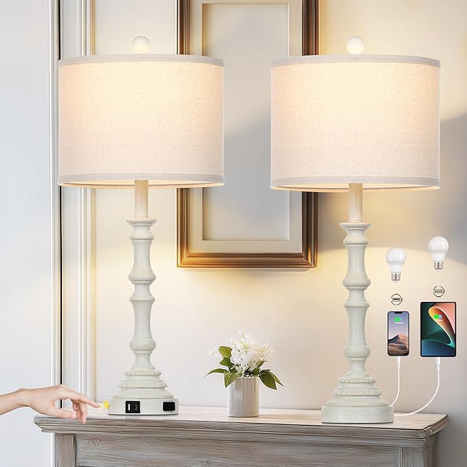 27.5" Tall Table Lamp for Living Room Set of 2, Vintage Farmhouse Table Lamps with USB C+A Ports, 3-Way Dimmable Touch Bedside Lamps, Tradition Bedroom Lamps for Nightstand Side End Table Desk, White - Bloomnest