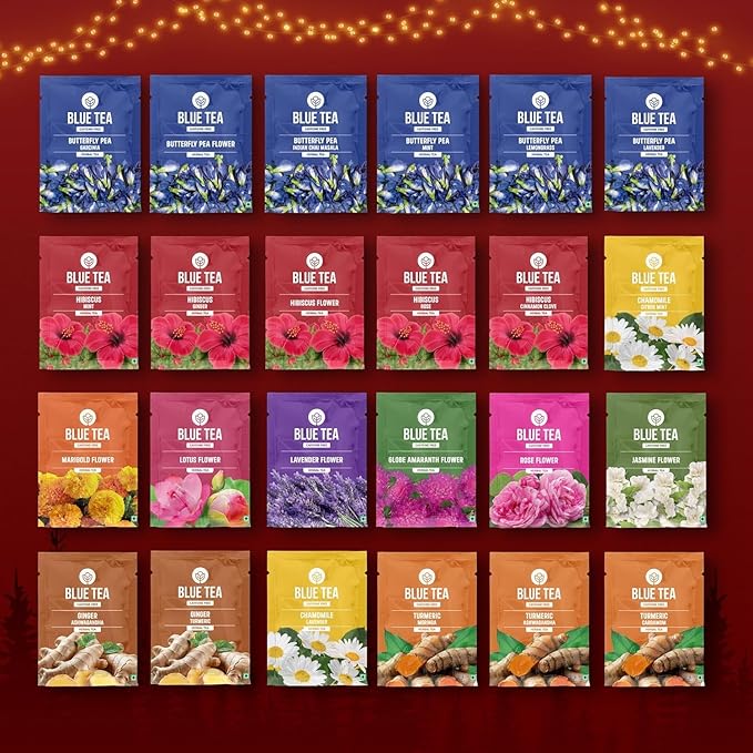 BLUE TEA - Advent Calendar 2025 (Red) - 24 Tea Bags - Plant Based - 24 Unique Tea | Limited Edition | Sampler & Variety Pack | Caffeine Free - Herbal Tea - Christmas Holiday Unique Advent Calendar Tea Gift Set | Gift Idea for Men and Women - Bloomnest
