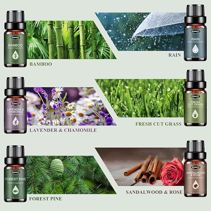 Essential Oils Set, Nature Scents Fragrance Oil Aromatherapy Essential Oils Kit for Diffuser (6x10ML) Sandalwood &Rose, Bamboo, Rain, Lavender &Chamomile, Fresh Cut Grass, Forest Pine Oil - Bloomnest