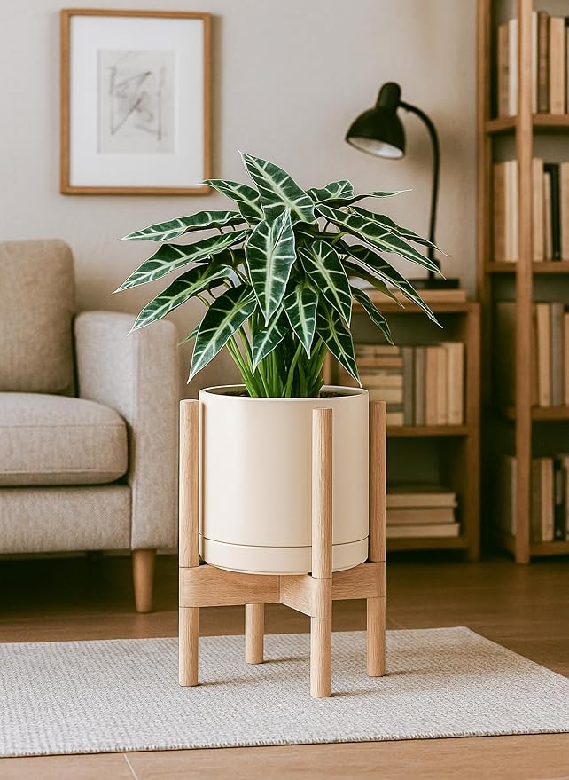 D'vine Dev Ceramic Planter with Natural Stand - 8 Inch Modern Round Flower Pot with Wood Planter Holder, Oatmeal, 55-B-N-8 - Bloomnest