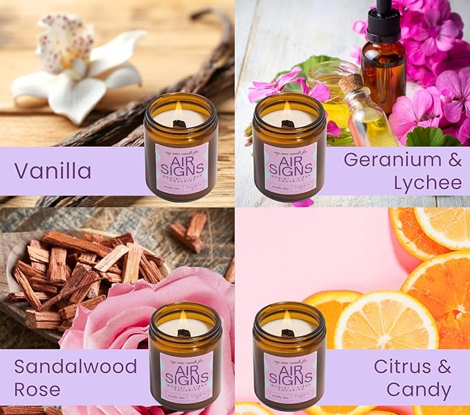 Aquarius, Gemini, Libra Gifts for Women - Wood Wick Candles, 4 Pack Small Candles Set for Women. 6oz Natural Soy Wax, Scented Aromatherapy Set for Home. Zodiac Astrology Birthday Spiritual Gifts - Bloomnest