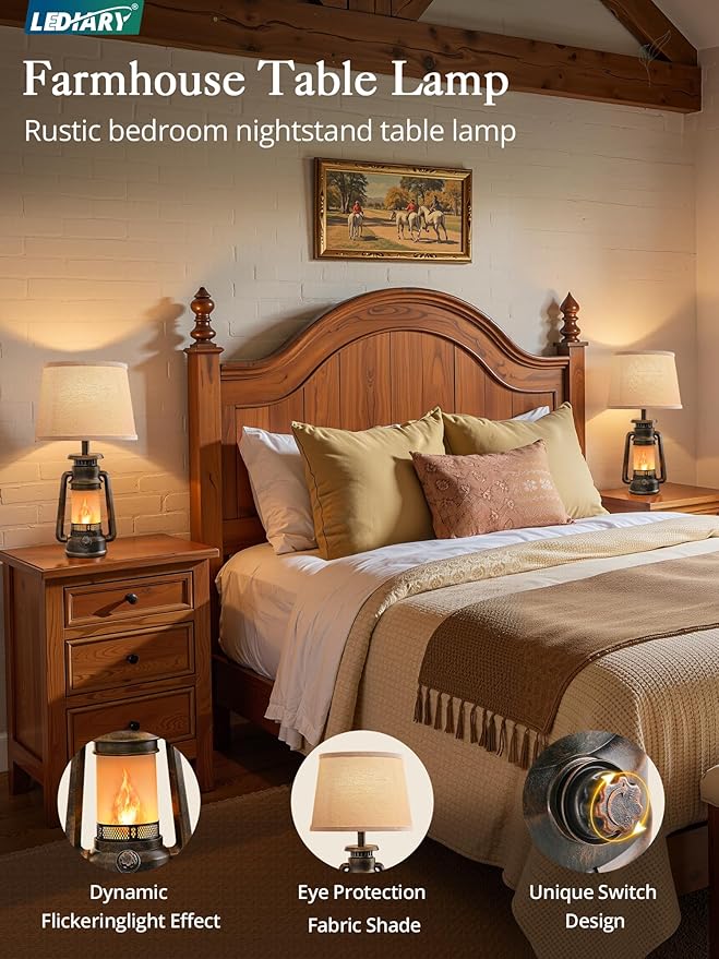 LEDIARY 18.72" LED Vintage Lantern Flickering Flame Table Lamps for Bedrooms Set of 2, Farmhouse Rustic Vintage End Table Lamps, Rustic Retro Bedside Nightstand Desk Lamp for Living Room - Bloomnest
