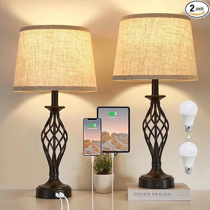 Table Lamp for Bedroom Set of 2 with USB C+A Ports, Modern Bedside Lamps with Spiral Cage Base, Fabric Shade, Nightstand Lamp for Living Room Reading Bed Side End Table, 2 LED Bulbs Included Black - Bloomnest