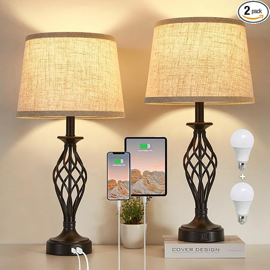 Table Lamp for Bedroom Set of 2 with USB C+A Ports, Modern Bedside Lamps with Spiral Cage Base, Fabric Shade, Nightstand Lamp for Living Room Reading Bed Side End Table, 2 LED Bulbs Included Black - Bloomnest