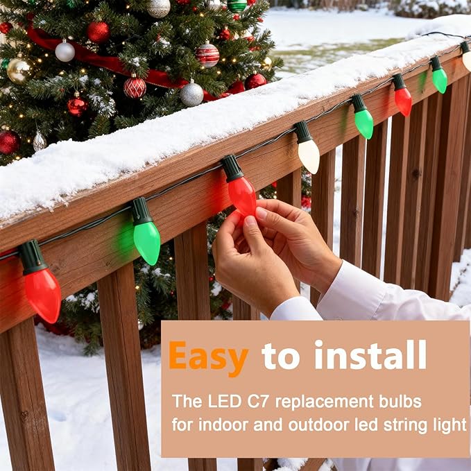 C7 LED Christmas Lights Replacement Bulbs, 25 Pack 0.6w C7 Ceramic Multicolor Light Bulbs with E12 Candelabra Base, Vintage Colored Light Bulbs for Indoor/Outdoor Christmas String Lights - Bloomnest