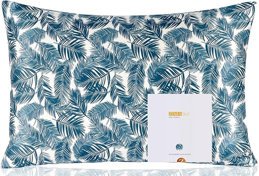 ZIMASILK 100% Pure Mulberry Silk Pillowcase for Hair and Skin Health,Both Sides 19 Momme Silk Floral Print,1pc (King 20''x36'',Blue Leaves) - Bloomnest
