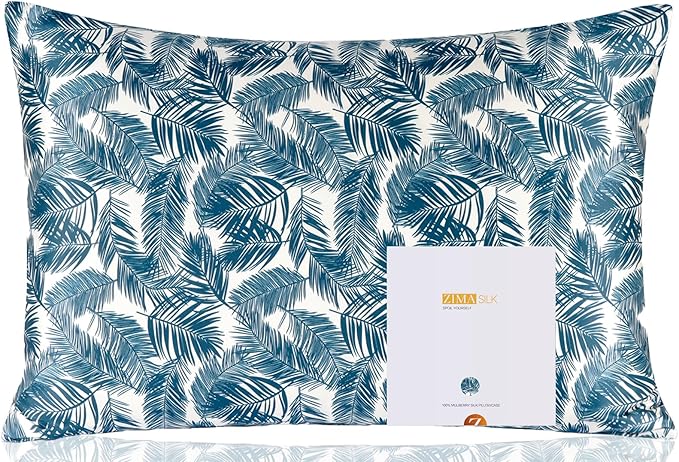 ZIMASILK 100% Pure Mulberry Silk Pillowcase for Hair and Skin Health,Both Sides 19 Momme Silk Floral Print,1pc (Standard 20''x26'',Blue Leaves) - Bloomnest