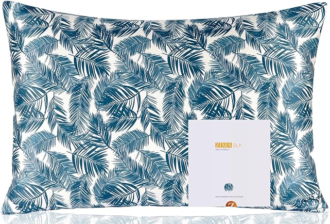 ZIMASILK 100% Pure Mulberry Silk Pillowcase for Hair and Skin Health,Both Sides 19 Momme Silk Floral Print,1pc(Queen 20''x30'',Blue Leaves) - Bloomnest