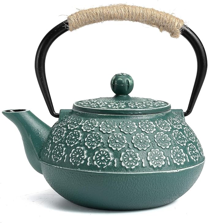 Sotya Cast Iron Teapot, 30oz/900ml Japanese Tetsubin Tea Pot with Infuser for Loose Leaf and Tea Bags, Tea Kettle Coated with Enameled Interior for Stove Top, Dark Green - Bloomnest