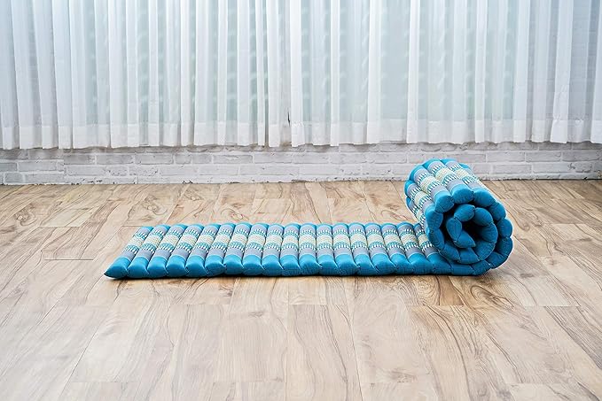 Leewadee - Foldable Floor Mattress - Japanese Roll Up Futon -Trifold Tatami Mat- Guest Floor Bed - Camping Mattress - Thai Massage Mat, Kapok Filled, 75 x 20 inches, Light Blue - Bloomnest