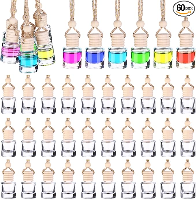 60 Pcs Hanging Car Air Freshener Car Diffuser Bottle Empty Glass Perfume Air Freshener Diffuser Bottle Pendant for Essential Oils Fragrance Aromatherapy Ornament Decor (Cylinder Style) - Bloomnest