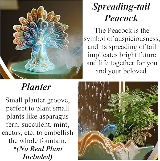 Peacock Tabletop Water Fountains Indoor Waterfall with LED Light Desktop Fountain for Meditation with Mist Japanese Fountain with Fake Plants Feng Shui Office Home Decor for Good Luck Wealth - Bloomnest